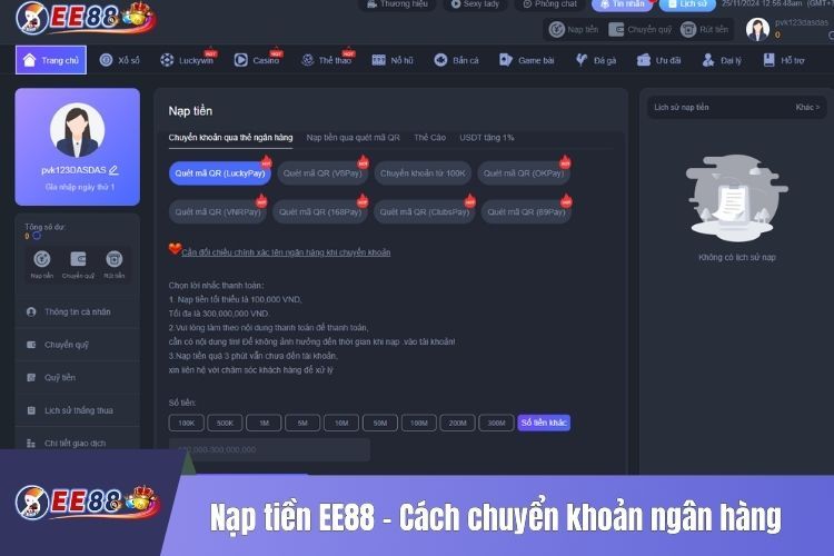 Nạp tiền EE88 - Cách chuyển khoản qua thẻ ngân hàng dễ thực hiện